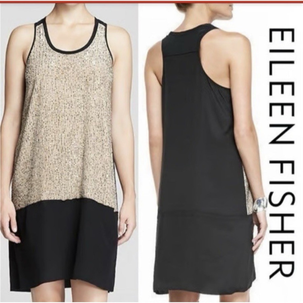 Eileen Fisher 100% Silk Sequin Sleeveless Shift Dress Black Event Party Formal M